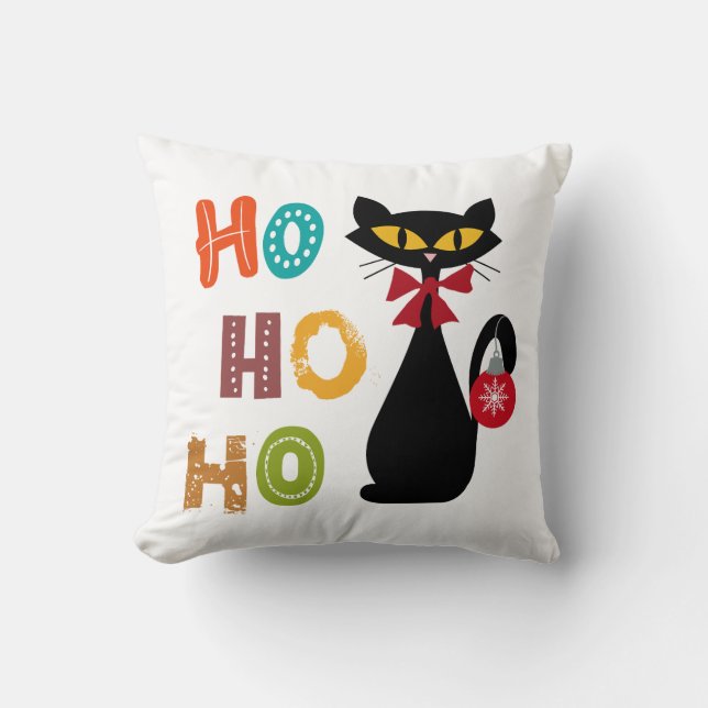 Black cat with Ho Ho Ho text design Cushion (Front)