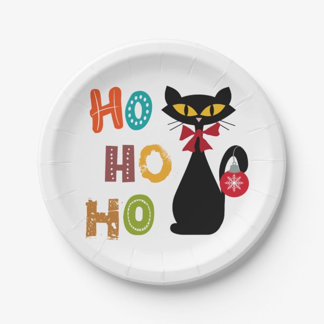 Black cat with Ho Ho Ho text design Paper Plate (Front)