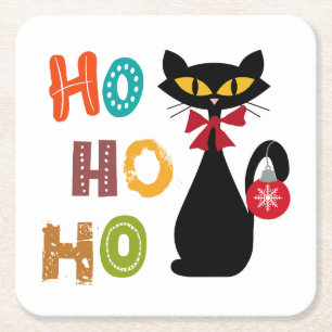 Black cat with Ho Ho Ho text design Square Paper Coaster