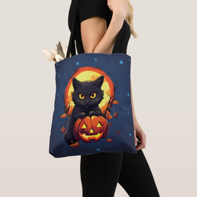 Black Cat with Jack-O' Lantern Halloween Tote Bag (Close Up)