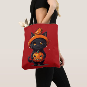 Black Cat with Jack-O' Lantern Halloween Tote Bag