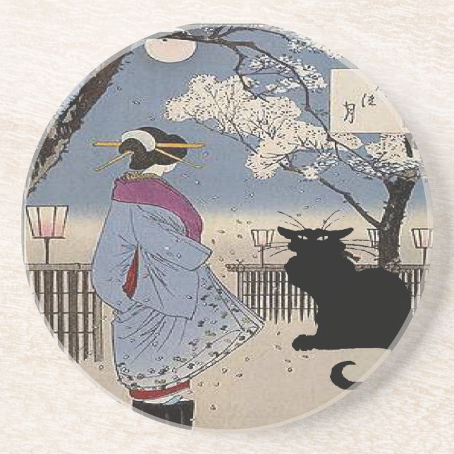 Black Cat With Japanese Lady Coaster (Front)