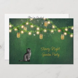 Black Cat with Mason Jars and Fireflies Invitation