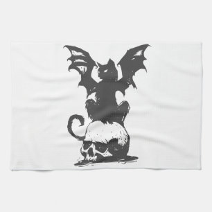 black cat with monster wings - Choose back color Tea Towel
