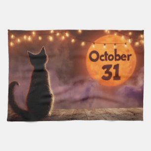 Black Cat with "October 31" Halloween Moon Tea Towel