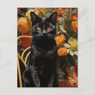 Black Cat With Orange Flowers Postcard