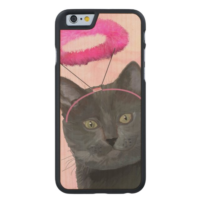 Black Cat With Pink Angel Halo Carved Wood iPhone Case (Back)