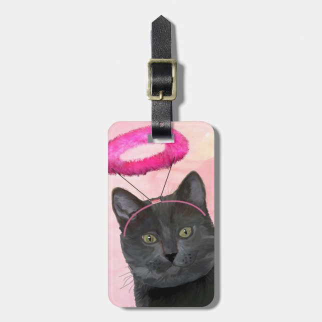 Black Cat With Pink Angel Halo Luggage Tag (Front Vertical)