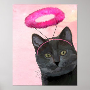 Black Cat With Pink Angel Halo Poster