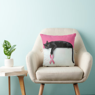 Black Cat with Pink Breast Cancer Awareness Ribbon Cushion