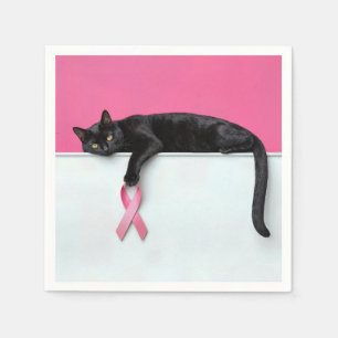 Black Cat with Pink Breast Cancer Awareness Ribbon Napkin