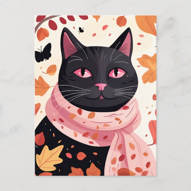 Black cat with pink eyes wearing a scarf postcard (Front)