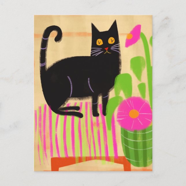 Black Cat With Pink Flowers Postcard (Front)