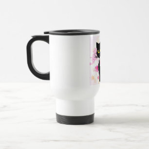 Black Cat With Pink Hearts Travel Mug