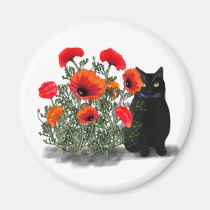 Black Cat with Poppies Magnet