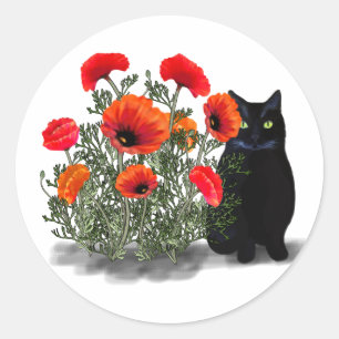 Black Cat with Poppies Stickers
