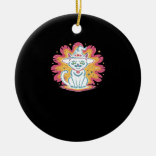 Black Cat with Psychedelic Flower Oversized T-Shir Ceramic Tree Decoration