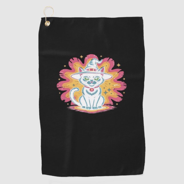 Black Cat with Psychedelic Flower Oversized T-Shir Golf Towel (Front)
