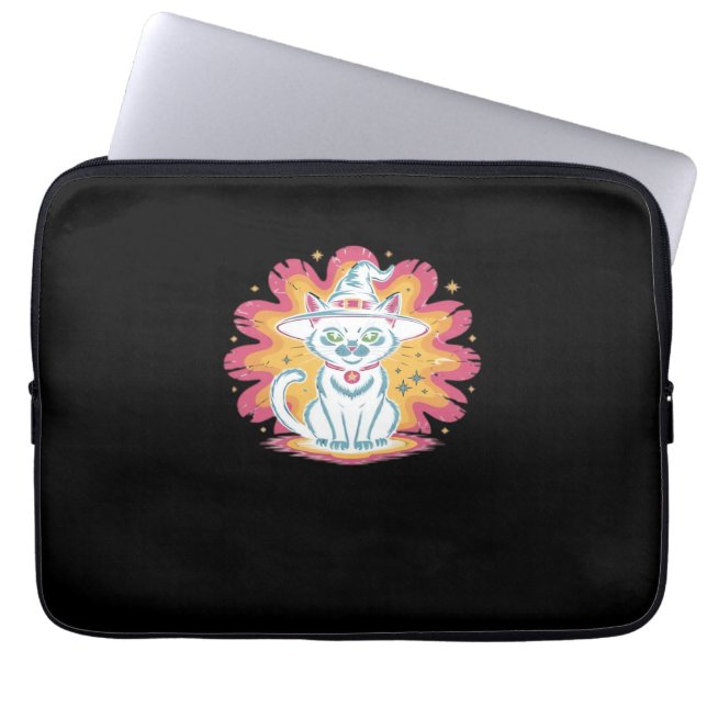 Black Cat with Psychedelic Flower Oversized T-Shir Laptop Sleeve (Front)