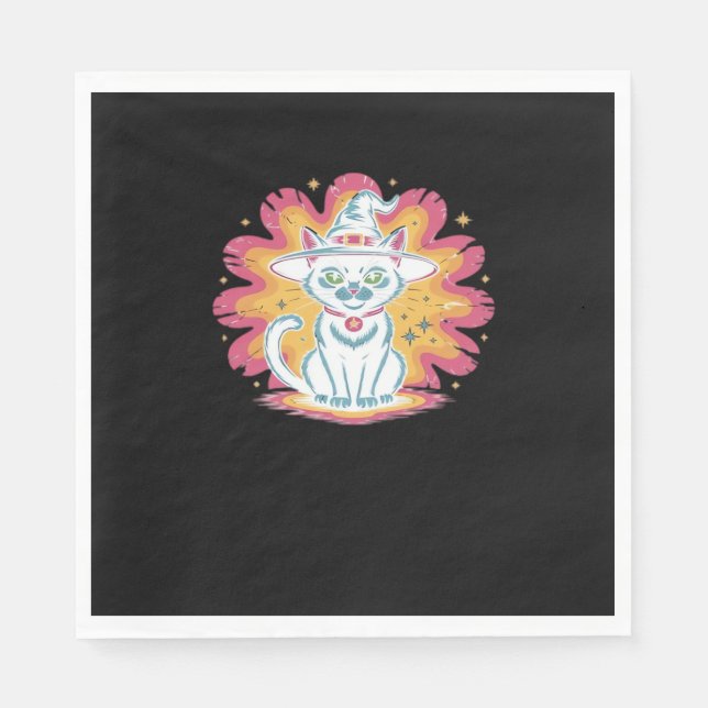 Black Cat with Psychedelic Flower Oversized T-Shir Napkin (Front)