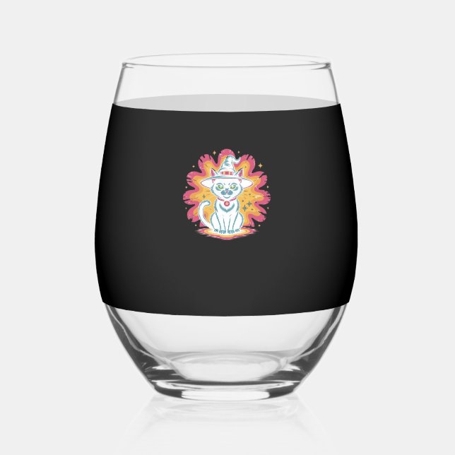Black Cat with Psychedelic Flower Oversized T-Shir Stemless Wine Glass (Front)