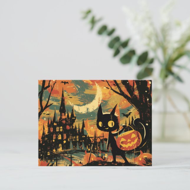 Black Cat with Pumpkin Bucket by the Castle Holiday Postcard (Standing Front)