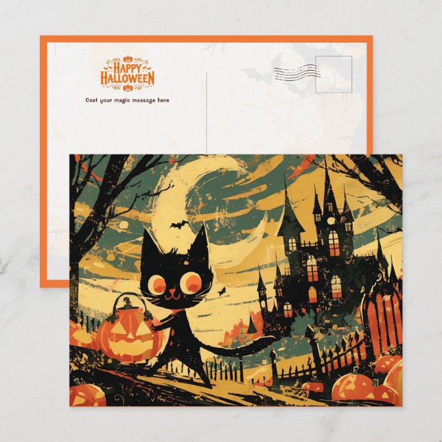 Black Cat with Pumpkin Bucket by the Castle Postcard (Front/Back)