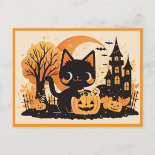 Black Cat with Pumpkin Candy Bucket Holiday Postcard