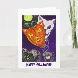 Black Cat with Pumpkin Cat and Skull Balloons Card