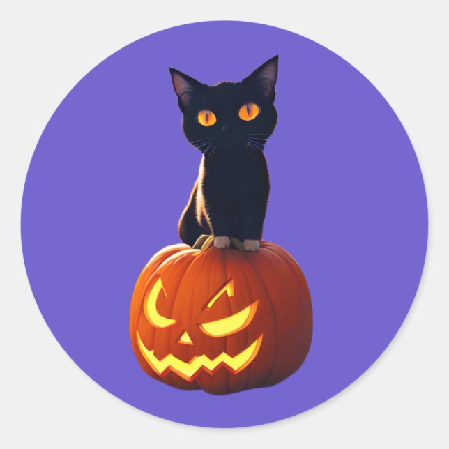 Black Cat with Pumpkin Cute Kawaii Animals Pets Classic Round Sticker (Front)