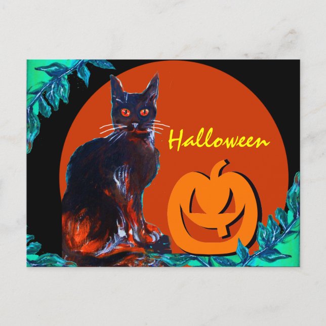 BLACK CAT WITH PUMPKIN  HALLOWEEN PARTY HOLIDAY POSTCARD (Front)