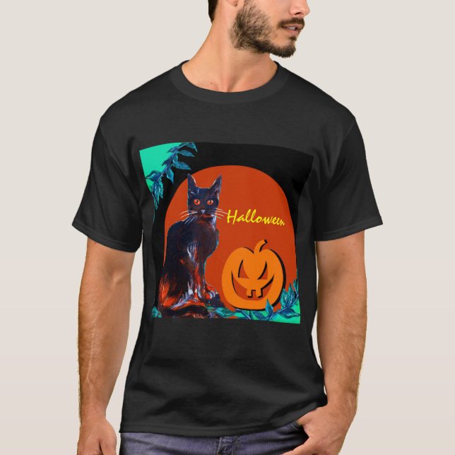 BLACK CAT WITH PUMPKIN IN HALLOWEEN NIGHT  T-Shirt (Front)