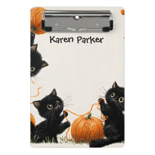 Black Cat with Pumpkin-Inspired Orange Yarn Ball Mini Clipboard