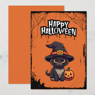 Black Cat With Pumpkin Jack O' Lantern Holiday Card