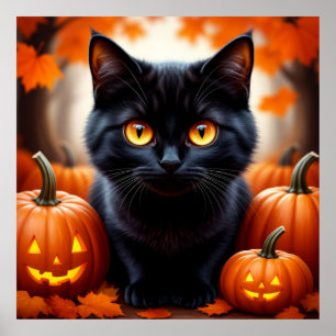 Black Cat With Pumpkins For Fall Decorating 🍁 Poster