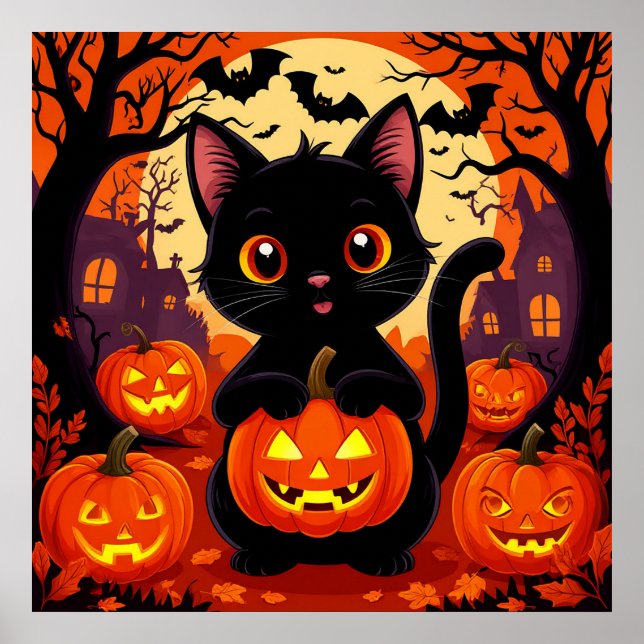 Black Cat With Pumpkins Halloween Cute Spooky Poster (Front)