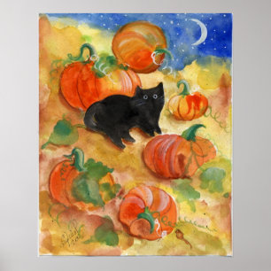 Black Cat With Pumpkins Poster