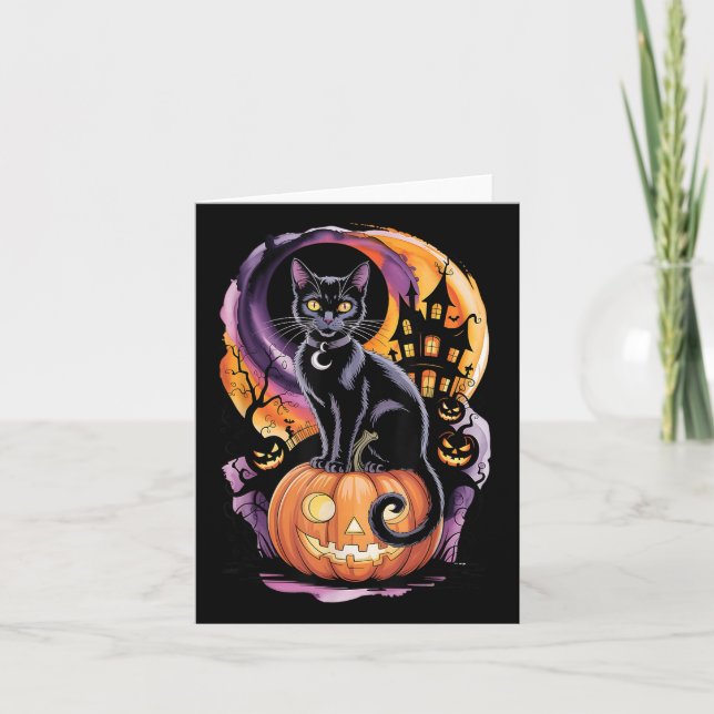 Black Cat With Pumpkins Under Full Moon On Hallowe Card (Front)