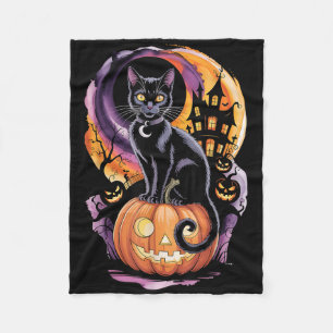 Black Cat With Pumpkins Under Full Moon On Hallowe Fleece Blanket