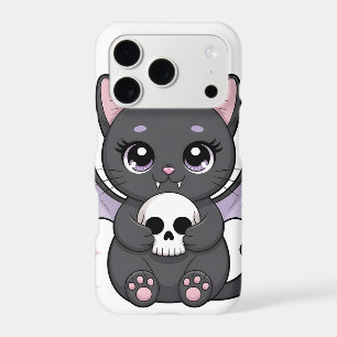 Black Cat with Purple Bat Wings Hugging a Skull