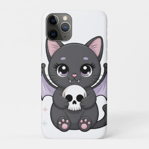 Black Cat with Purple Bat Wings Hugging a Skull iPhone 11 Pro Case