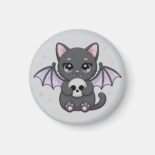 Black Cat with Purple Bat Wings Hugging a Skull Magnet