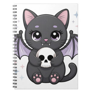 Black Cat with Purple Bat Wings Hugging a Skull Notebook