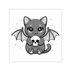 Black Cat with Purple Bat Wings Hugging a Skull Self-inking Stamp