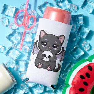 Black Cat with Purple Bat Wings Hugging a Skull Seltzer Can Cooler