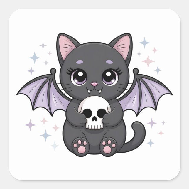 Black Cat with Purple Bat Wings Hugging a Skull Square Sticker (Front)