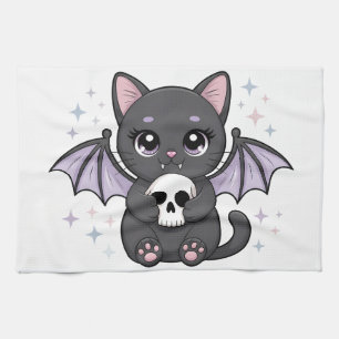 Black Cat with Purple Bat Wings Hugging a Skull Tea Towel