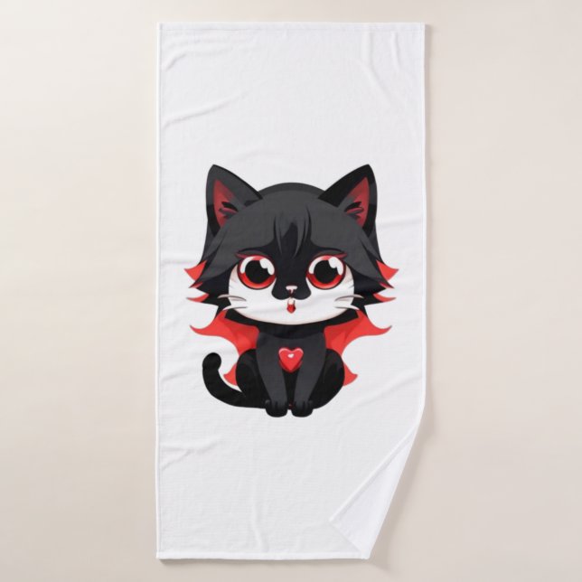 Black cat with red colour   bath towel (Bath Towel)