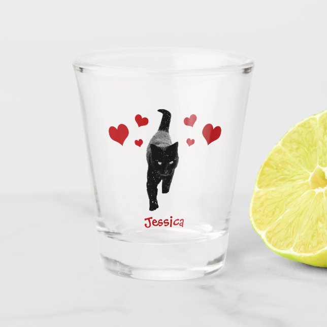 Black Cat with Red Hearts Personalised Name Shot Glass (Front)