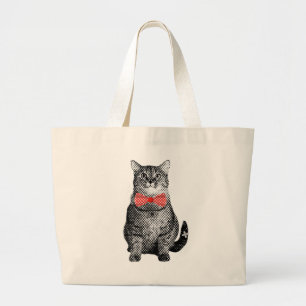 Black Cat with Red Polka Dot Bow Tie Cute Vintage Large Tote Bag